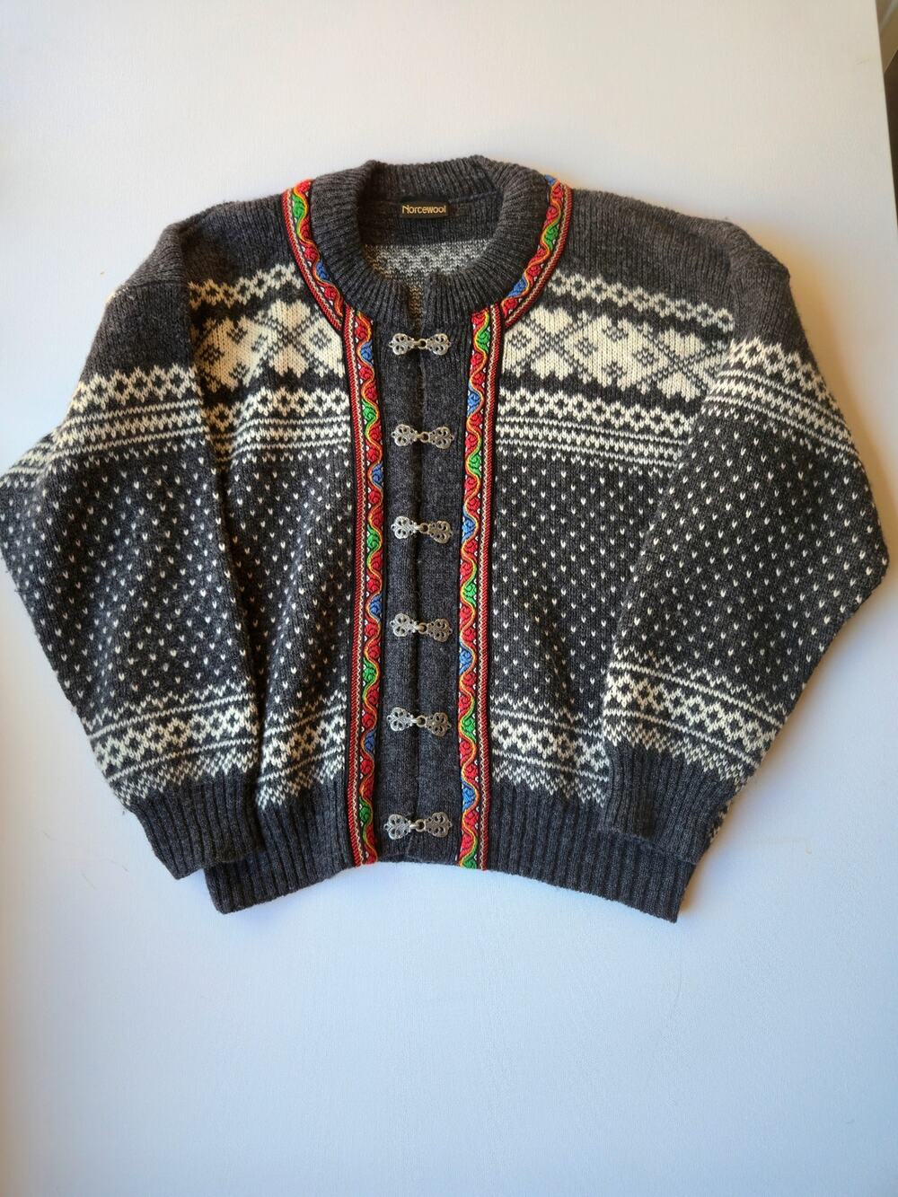Vtg Norcewool Nordic Wool Blend Cardigan Sweater Pewter Clasp Unisex Size Mens L